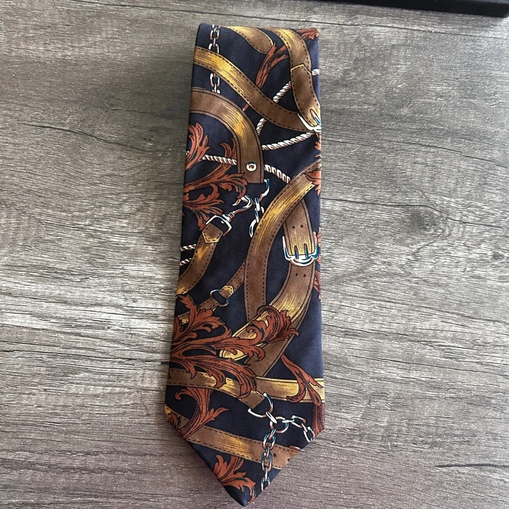 Vintage Carriage Cravats Mens Silk Necktie‎ Equestrian Belt Chain Navy Brown USA